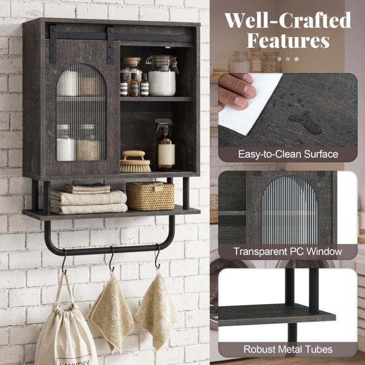Bathroom wall cabinet with sliding barn door, 3 hooks, and wood grain finish for stylish storage in any room.