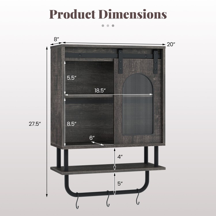 Bathroom wall cabinet dimensions with sliding barn door, metal hanging bar, and 3 hooks for organized storage.