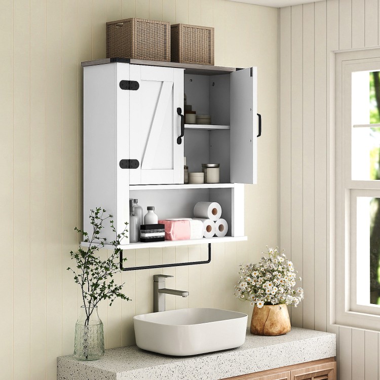 Bathroom wall cabinet with towel bar, white farmhouse design, adjustable shelves, and open storage for organized.
