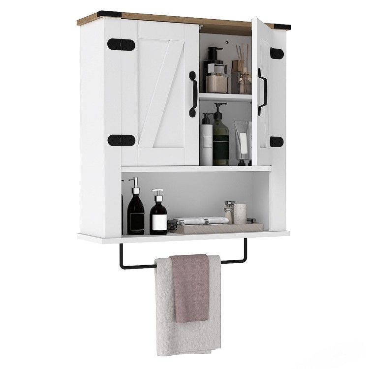 Bathroom wall cabinet in white with barn door design, adjustable shelf, and towel bar for versatile storage solutions.