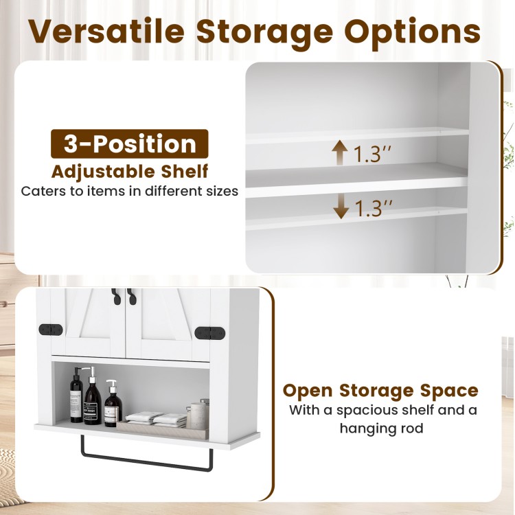Bathroom wall cabinet with adjustable shelf and open storage space, featuring a farmhouse design and towel bar.