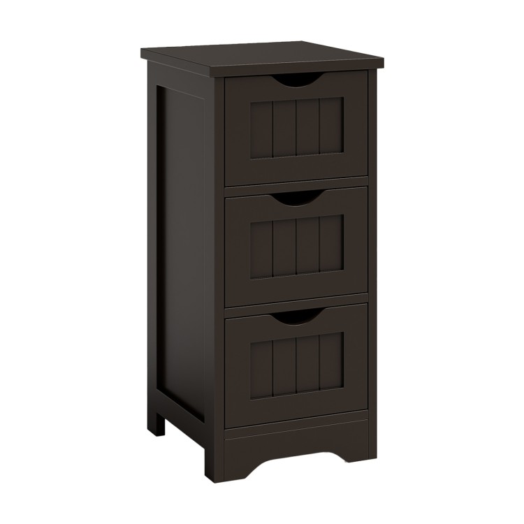 Freestanding brown storage organizer with three drawers, made of high-density MDF, perfect for small spaces.