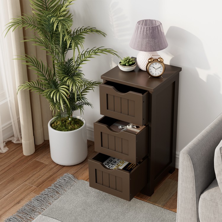Brown bathroom floor storage organizer with three drawers, compact design for small spaces, made of high-density MDF.