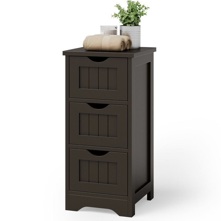 Freestanding brown bathroom storage organizer with 3 drawers, compact design for small spaces, made of high-density MDF.