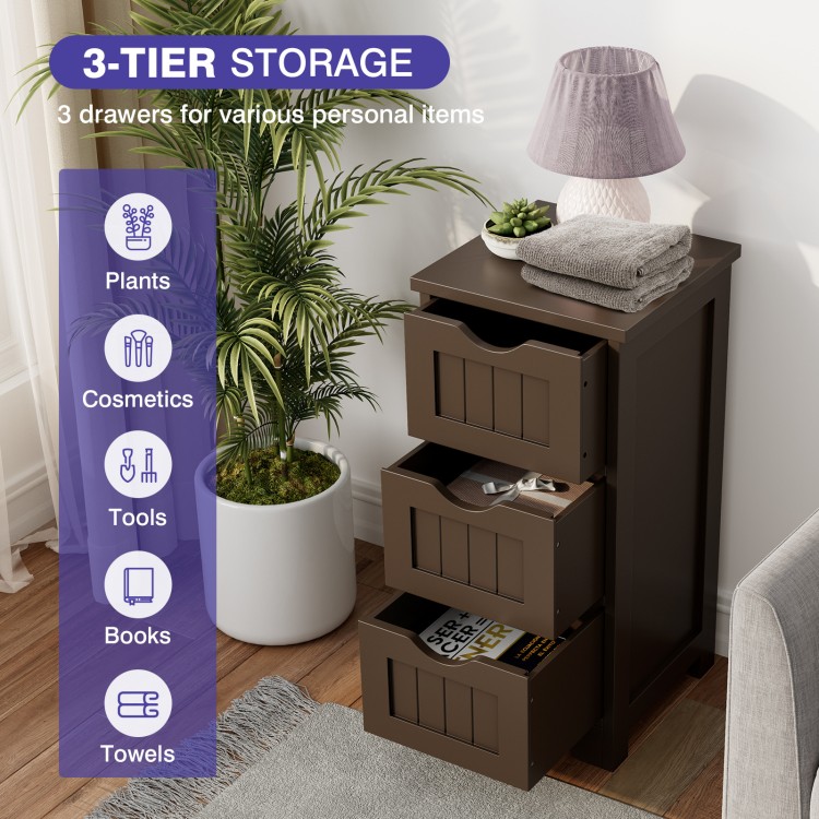 Freestanding brown storage organizer with 3 drawers, perfect for bathroom or office use, made from durable MDF boards.