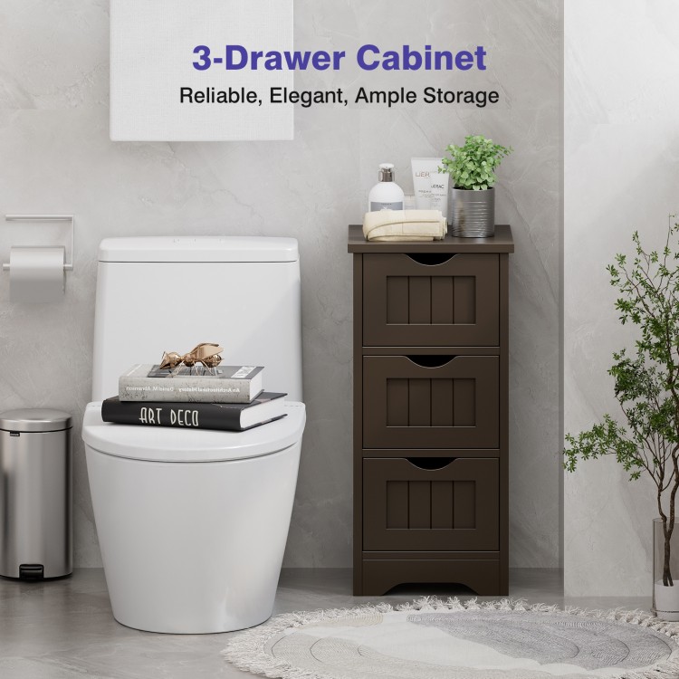 3-drawer bathroom storage cabinet in brown, made of high-density MDF, ideal for compact spaces and daily organization.