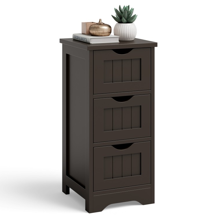 Freestanding brown storage organizer with three drawers, perfect for compact spaces in homes or offices.