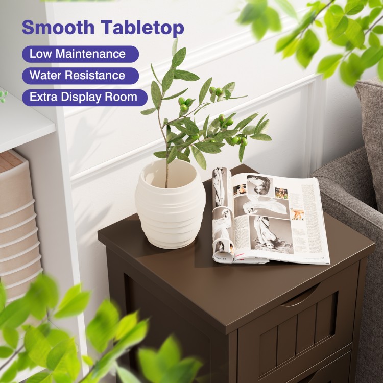 Brown bathroom floor storage organizer with three drawers, featuring a smooth tabletop for extra display space.