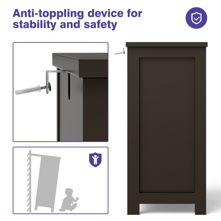 Brown bathroom floor storage organizer with anti-tipping device for safety, featuring three drawers for compact storage.