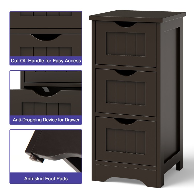 Freestanding brown storage organizer with three drawers, featuring anti-tipping devices and a compact design for small.