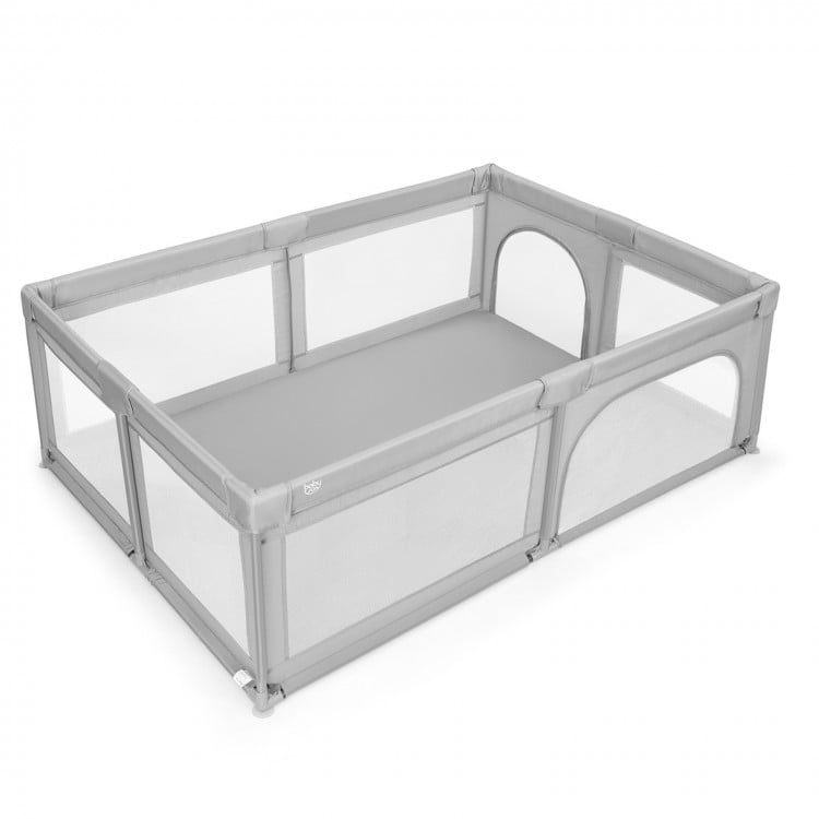 Extra-large gray safety baby fence with 50 ocean balls, featuring a stable design and 360° visibility for playtime.