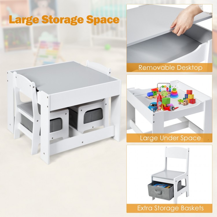 Kids table and chairs set with removable desktop, white finish, featuring storage boxes for toys and art supplies.