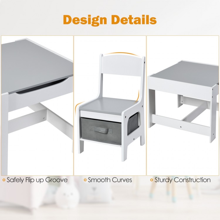 Kids table and chair set with storage boxes, featuring a 2-in-1 drawing surface and ergonomic design for comfort.