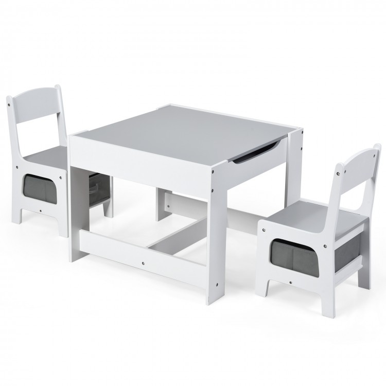 Kids table and chairs set in white with storage boxes, featuring a 2-in-1 blackboard and whiteboard for creative play.