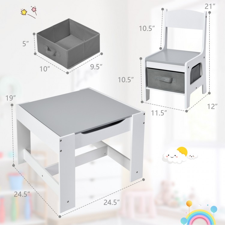 Kids table and chairs set with storage boxes, featuring a 2-in-1 drawing surface for creative play and organization.