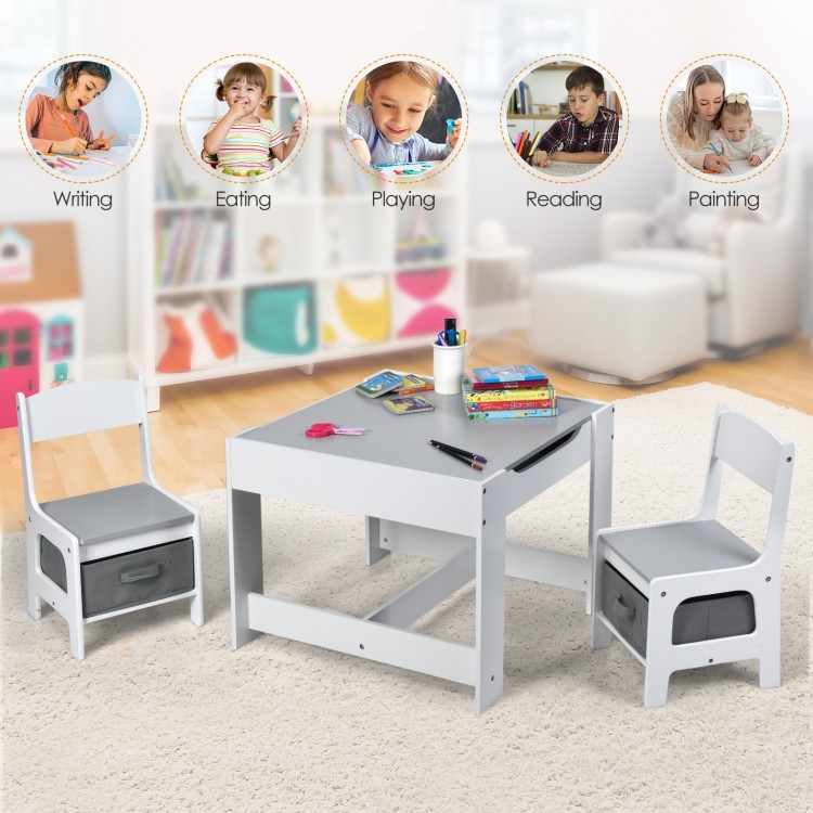Kids table and chairs set in white with storage boxes, ideal for writing, playing, and painting for ages 3-7.