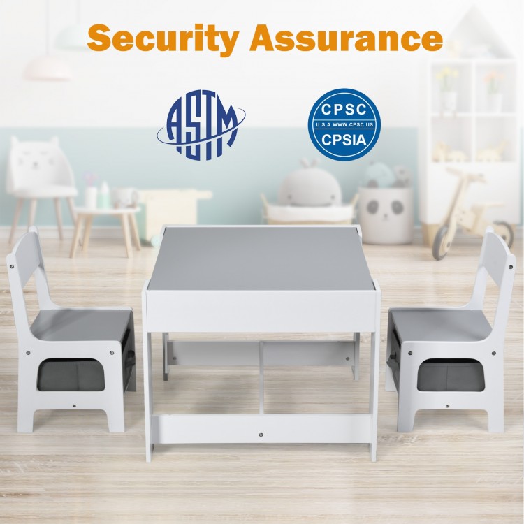 Kids table and chairs set with storage boxes, white finish, ideal for drawing and play, designed for ages 3 to 7.
