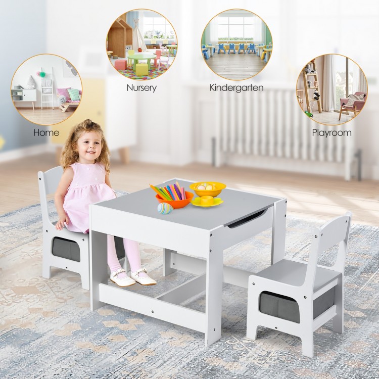Kids table and chairs set with storage boxes, featuring a 2-in-1 blackboard and whiteboard, ideal for home or nursery.