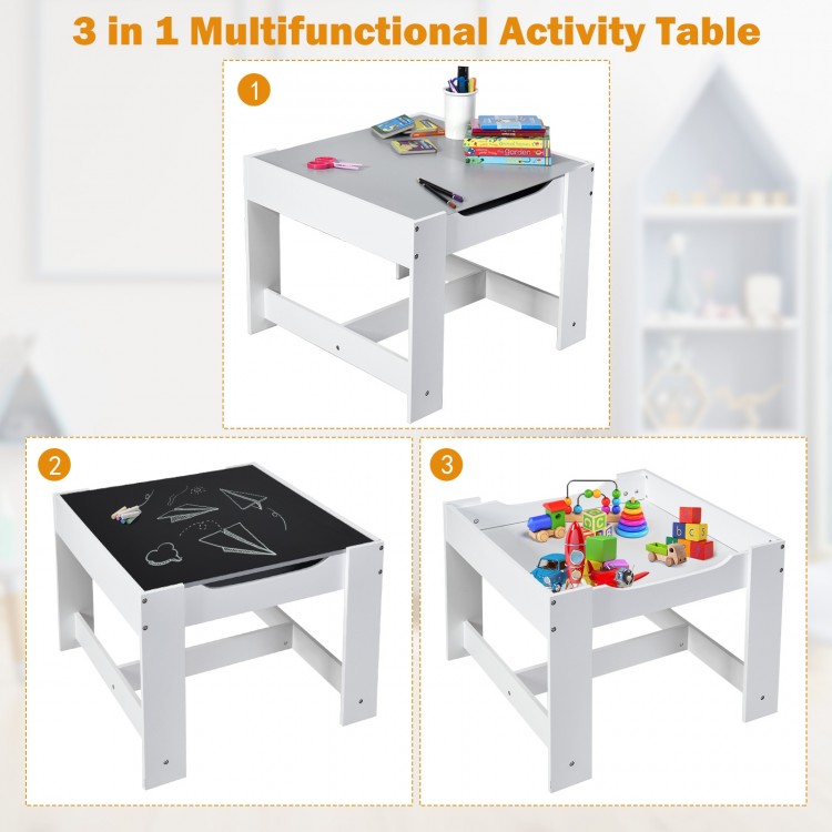 Multifunctional kids activity table with whiteboard and blackboard, featuring storage boxes for toys and art supplies.