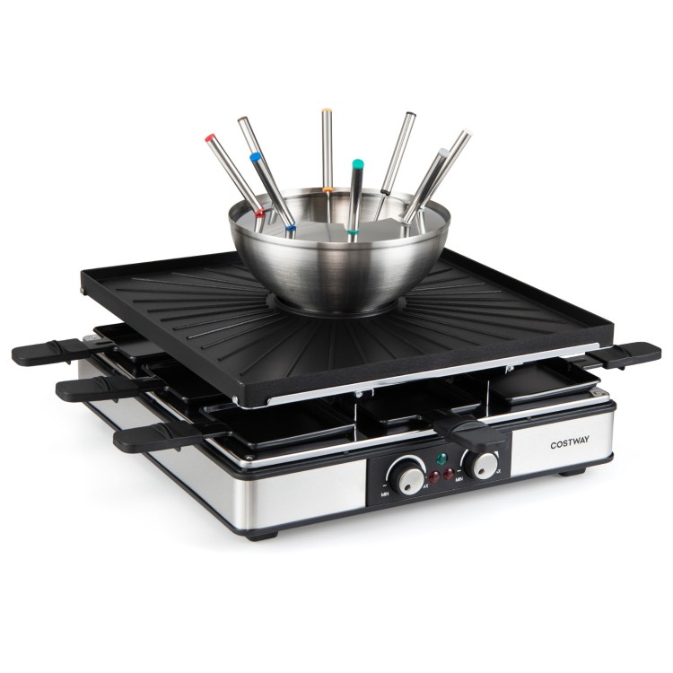 Top view of the COSTWAY Electric BBQ Grill showcasing the non-stick double-sided grill plate and stainless steel fondue pot.