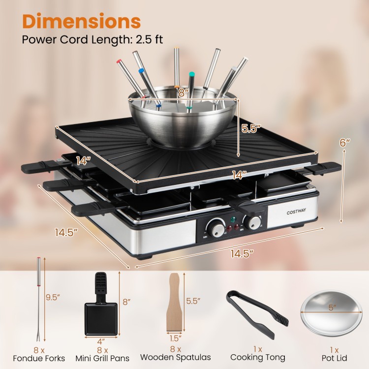 Electric BBQ grill with fondue pot set, 304 stainless steel, for 8 people, perfect for family meals and parties.