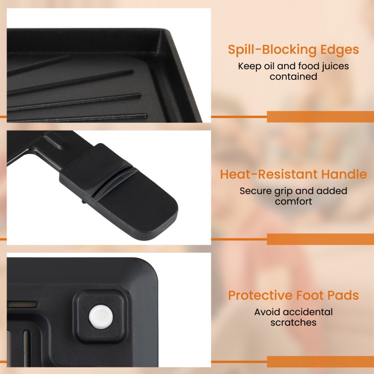 Electric BBQ grill with spill-blocking edges, heat-resistant handle, and protective foot pads, perfect for family gatherings.
