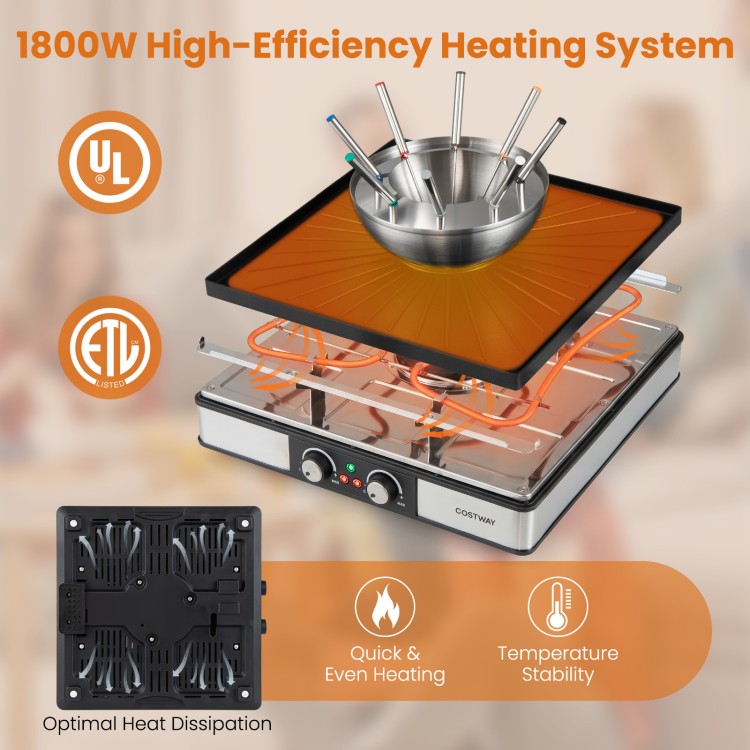 COSTWAY electric BBQ grill with fondue pot set features 1800W heating, dual thermostats, and 26 accessories for 8 people.