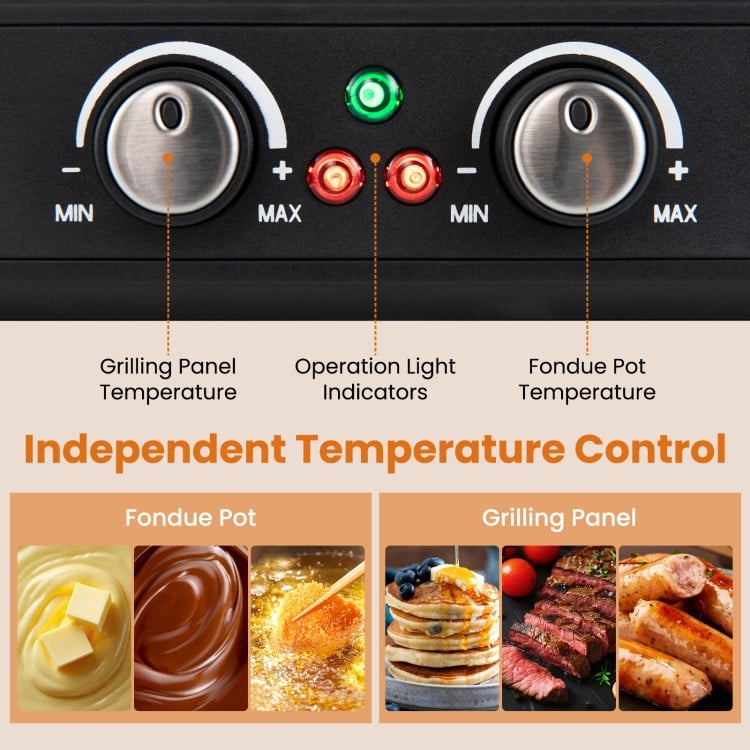 Independent temperature controls for the fondue pot and grilling panel on the COSTWAY Electric BBQ Grill with accessories.