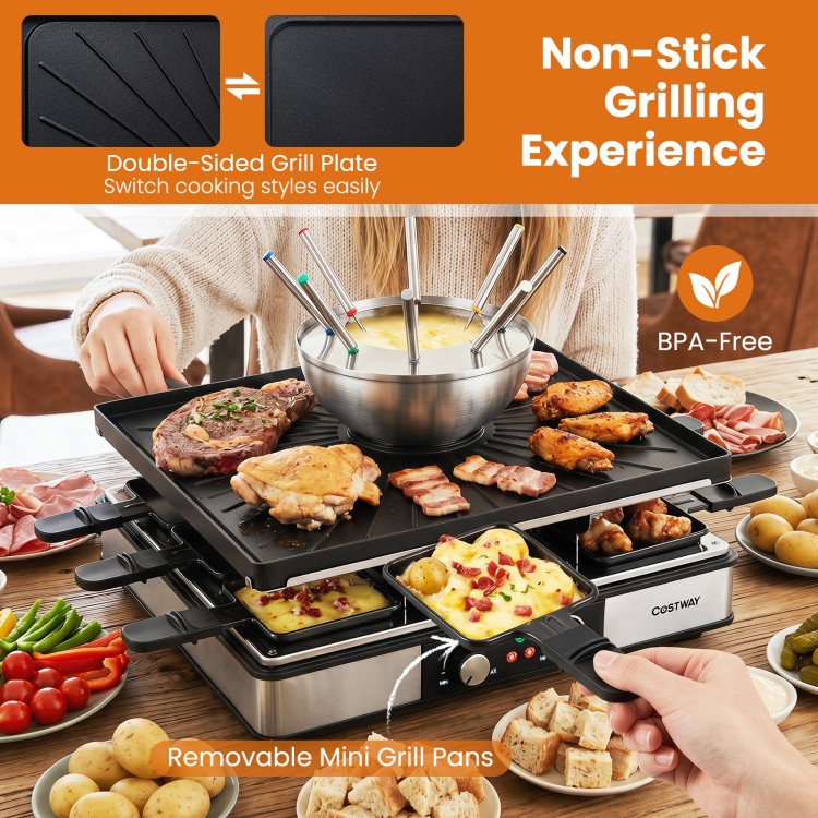 Electric BBQ grill with fondue pot set for 8 people, featuring a double-sided grill plate and 26 accessories for parties.