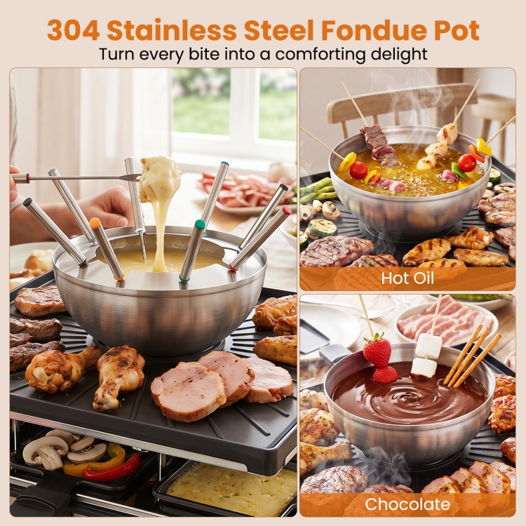 304 stainless steel fondue pot with hot oil and chocolate options, perfect for family fun and parties with 8 people.