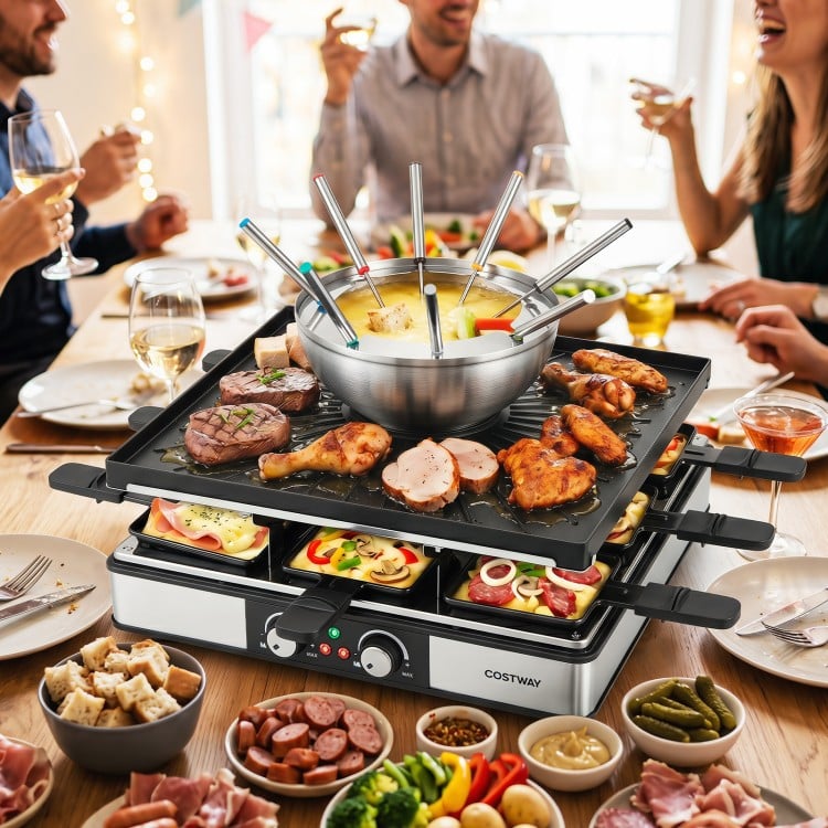 COSTWAY electric BBQ grill with fondue pot set for 8 people, featuring dual adjustable thermostats and 26 accessories.