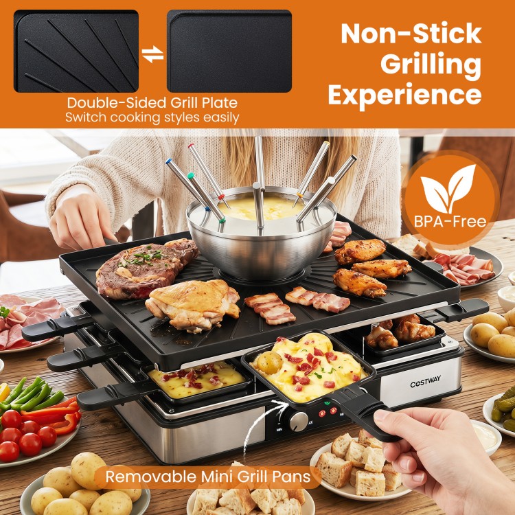 BBQ grill with fondue pot set features a double-sided grill plate, removable mini pans, and serves up to 8 people.