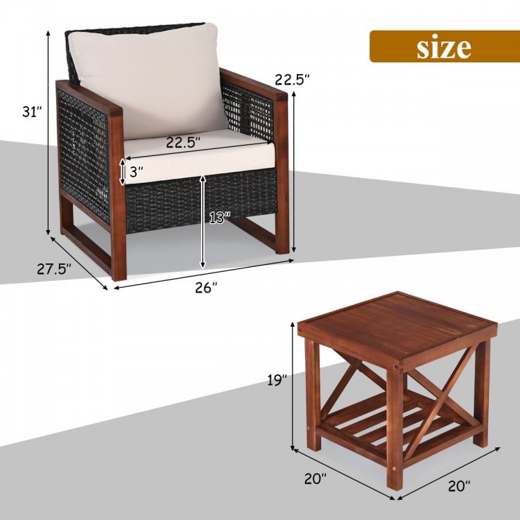 Single patio wicker chair with beige cushion, acacia wood frame, ideal for outdoor relaxation in your garden or balcony.