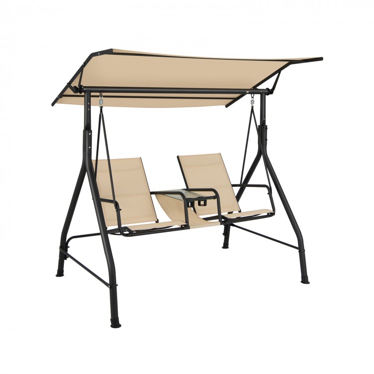 2-seat outdoor cushioned porch swing with adjustable canopy and tempered glass table, perfect for garden or patio.
