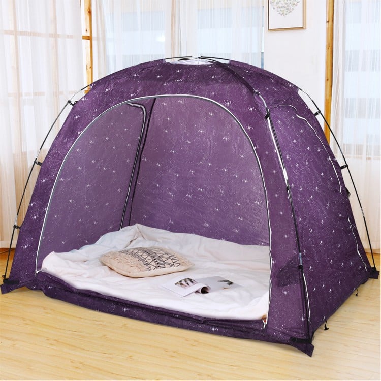 Purple portable indoor privacy play tent with sturdy fiberglass poles, mesh vents, and pockets for kids and adults.