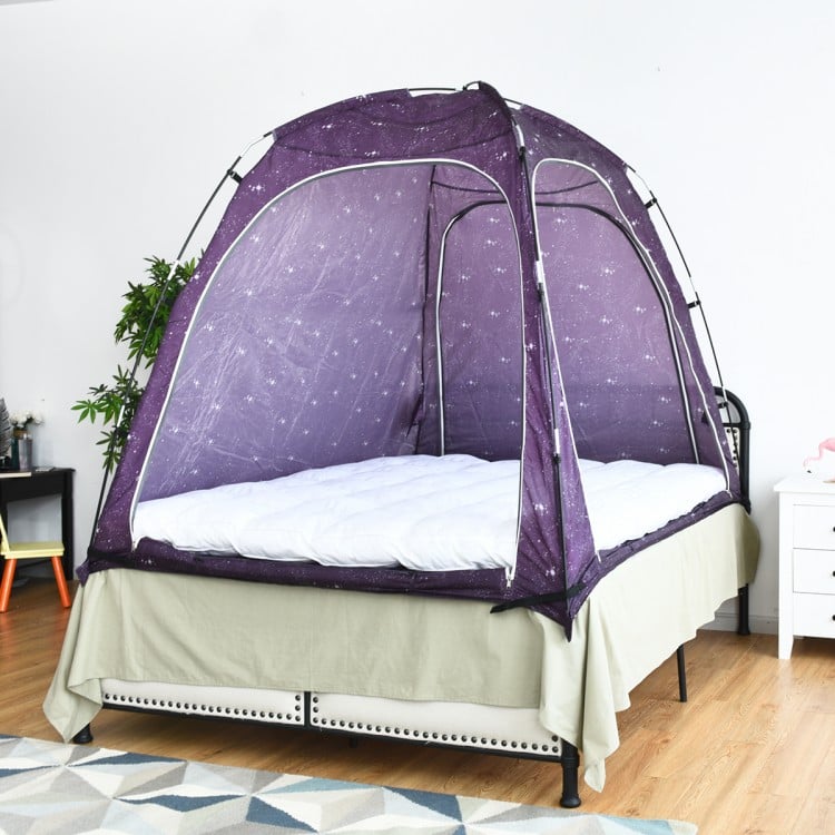 Portable indoor privacy play tent in purple, featuring sturdy poles, mesh vents, and convenient storage pockets for.