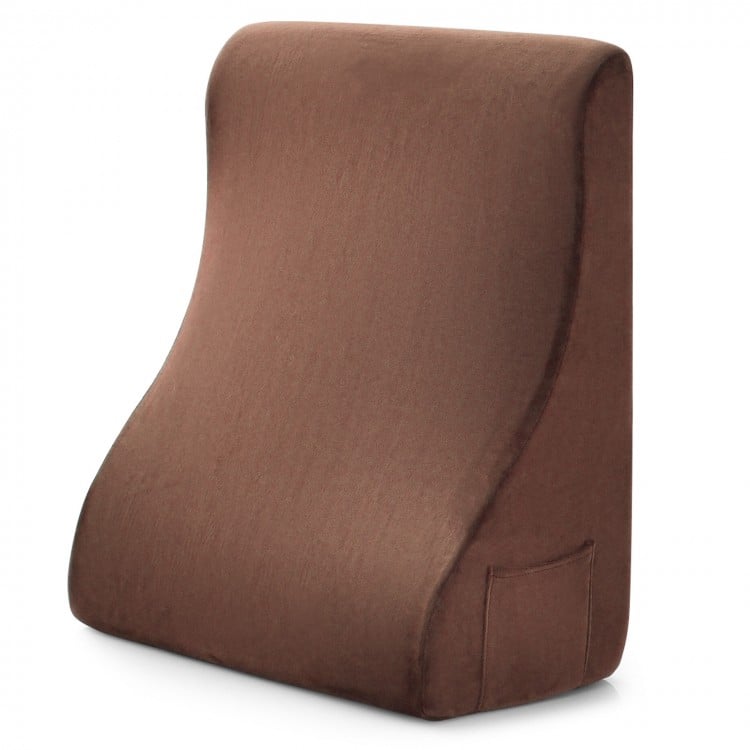 Brown bed wedge pillow with tablet stand, side pockets, and smooth zipper for versatile back and neck support.