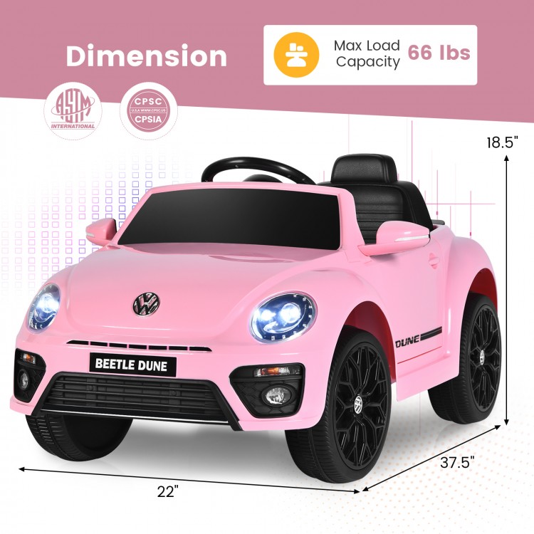 Pink Volkswagen Beetle kids electric ride-on car with remote control, featuring lights, sounds, and a smooth spring.
