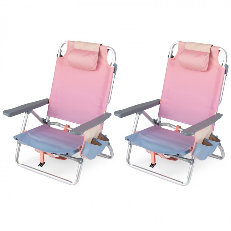 Set of 2 gradient pink portable beach chairs with 5-position backrest, padded headrest, and cup holder for outdoor.