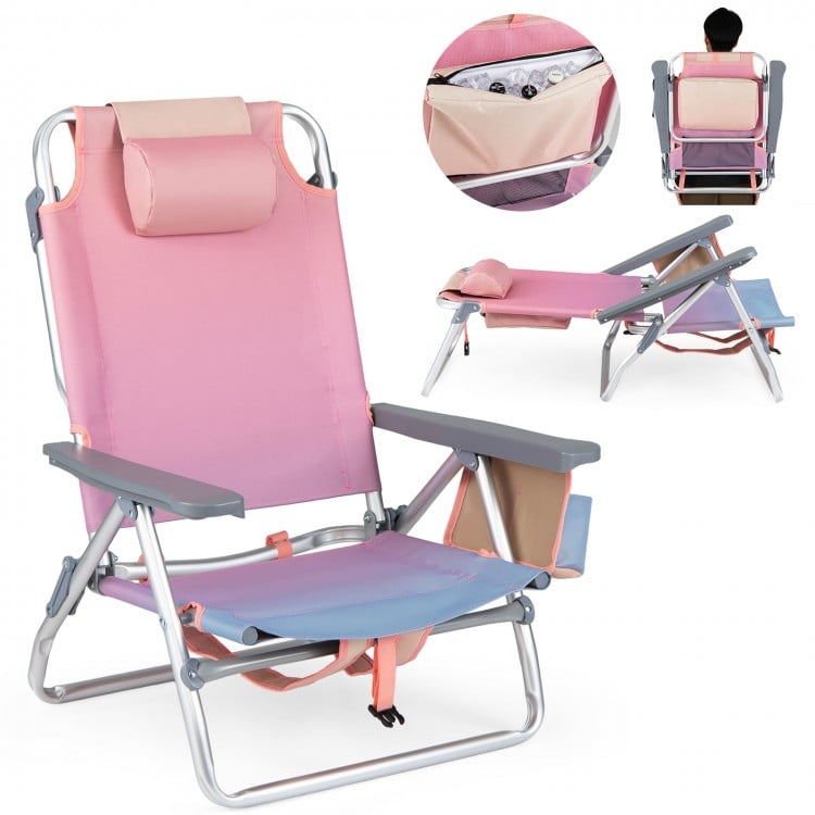 Portable folding beach chair in gradient pink with adjustable backrest, padded headrest, and cup holder for outdoor.