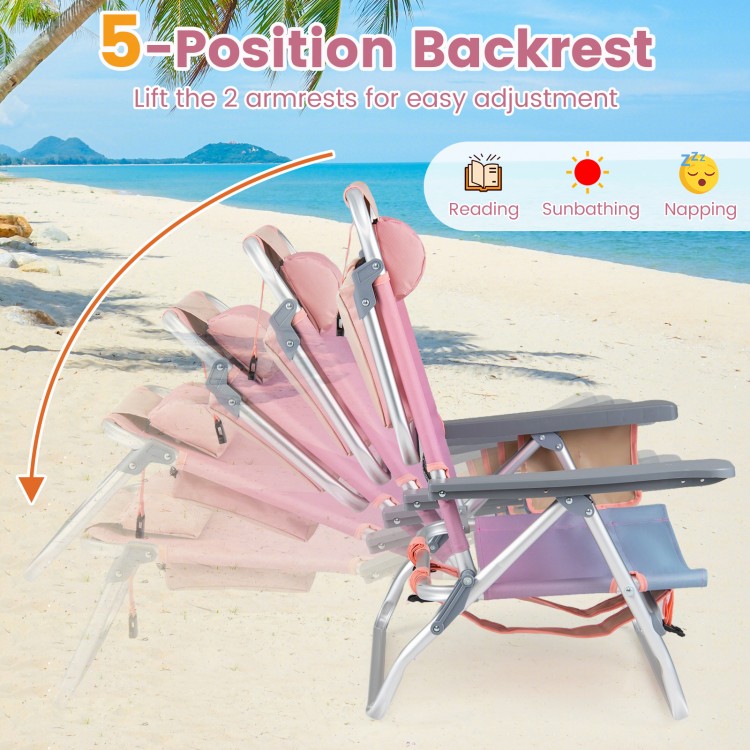 Portable folding beach chair set with 5-position backrest and padded headrest in gradient pink, ideal for outdoor.