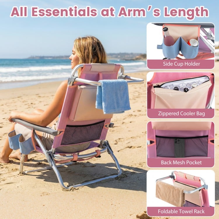 Portable folding beach chair in gradient pink with adjustable backrest, cup holder, and cooler bag for outdoor comfort.