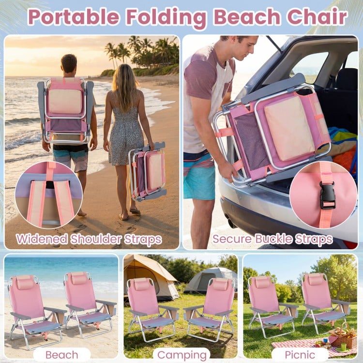 Portable folding beach chair set in gradient pink with 5-position backrest, ideal for beach, camping, and picnics.