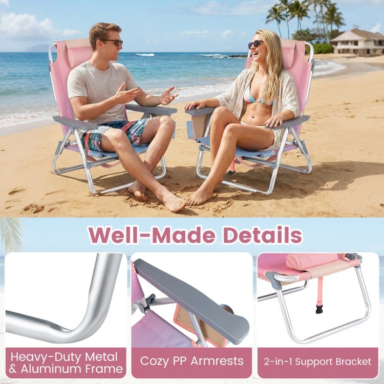 Portable folding beach chairs set of 2 in gradient pink with adjustable backrests and cozy armrests for outdoor comfort.