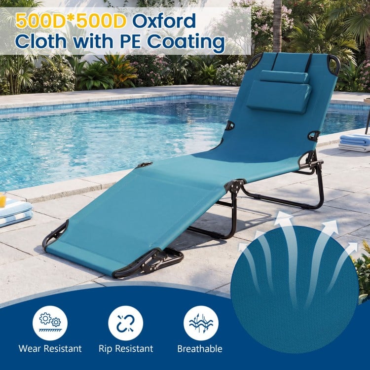 Blue beach chaise lounge chair with adjustable backrest, removable pillows, and face hole for sunbathing and relaxation.