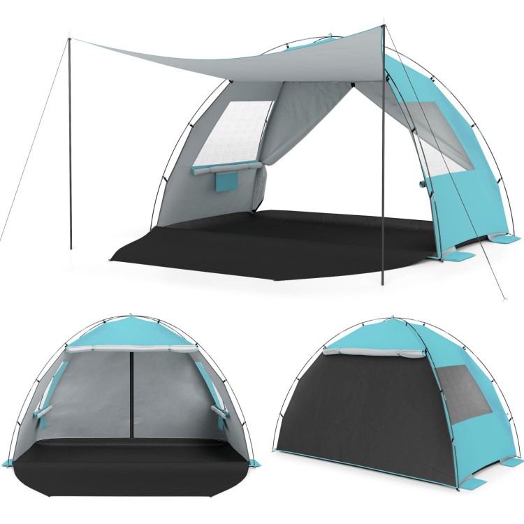 Beach tent sun shelter in blue with extended canopy, spacious interior for 5-6 people, and UPF50+ sun protection.