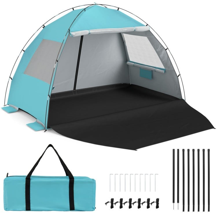 Beach tent sun shelter in blue with UPF50+ protection, spacious interior for 5-6 people, includes carrying bag and.