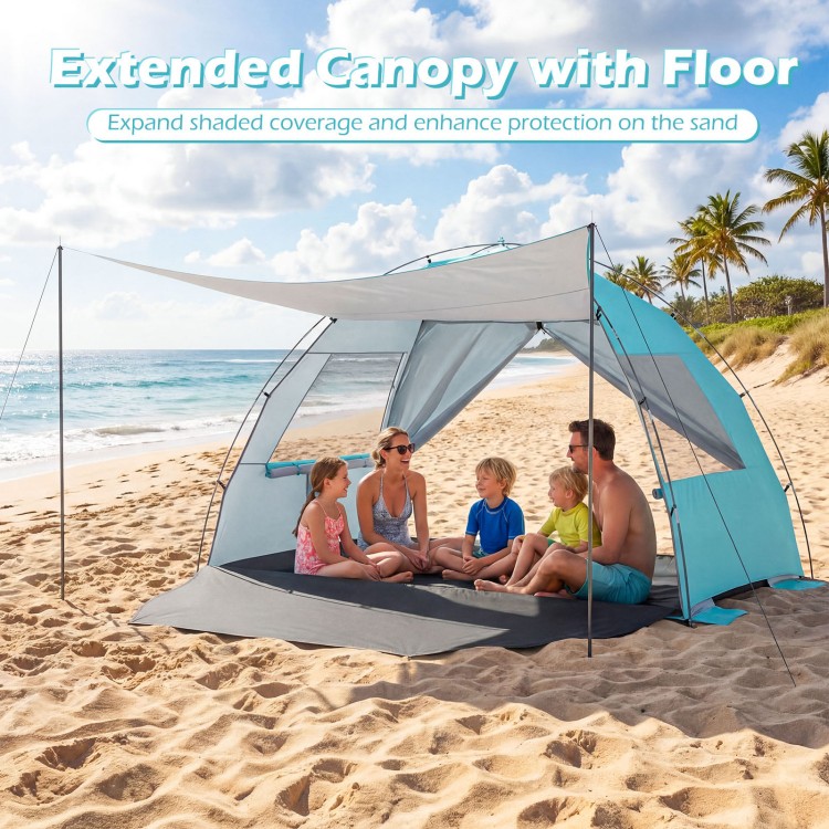 Beach tent sun shelter with extended canopy, spacious interior for 5-6 people, and UPF50+ sun protection on the sand.