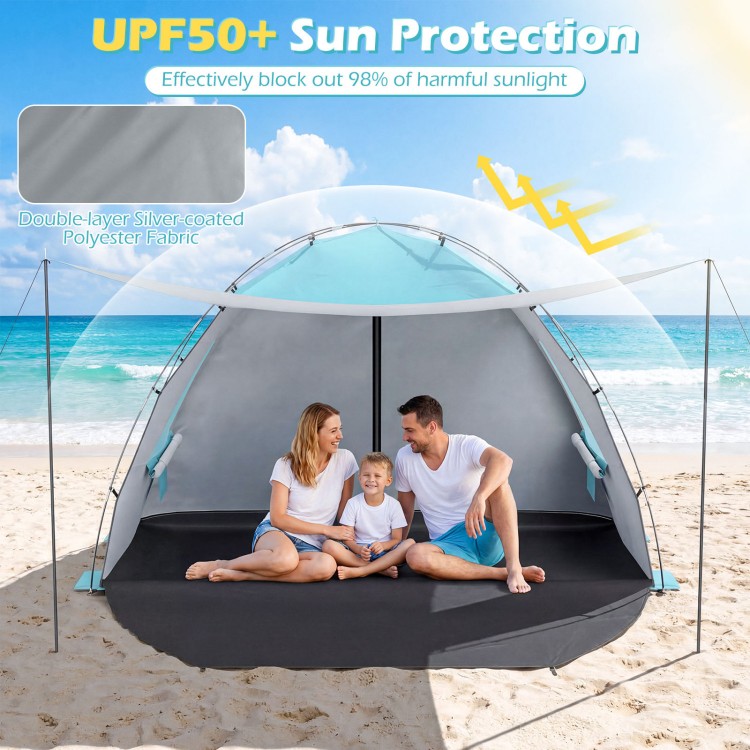 Beach tent sun shelter in blue with UPF50+ protection, spacious interior for 5-6 people, ideal for family beach outings.