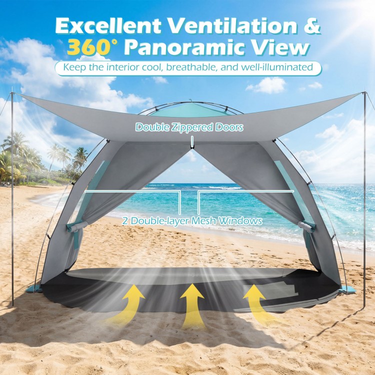 Beach tent sun shelter with double-layer fabric, spacious interior, and mesh windows for ventilation and UPF50+.